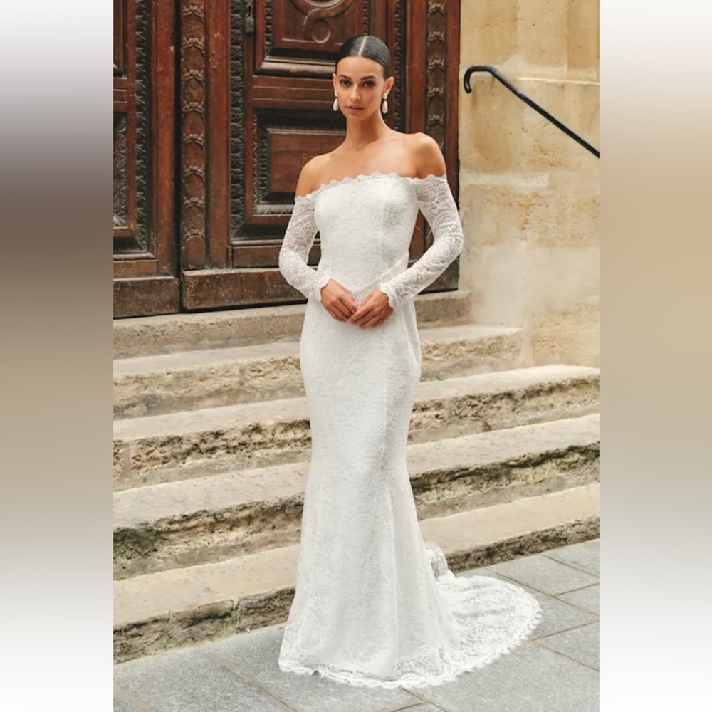 NWT Lulu's White Beloved Promise Lace Off-the-Shoulder Mermaid Wedding Dress